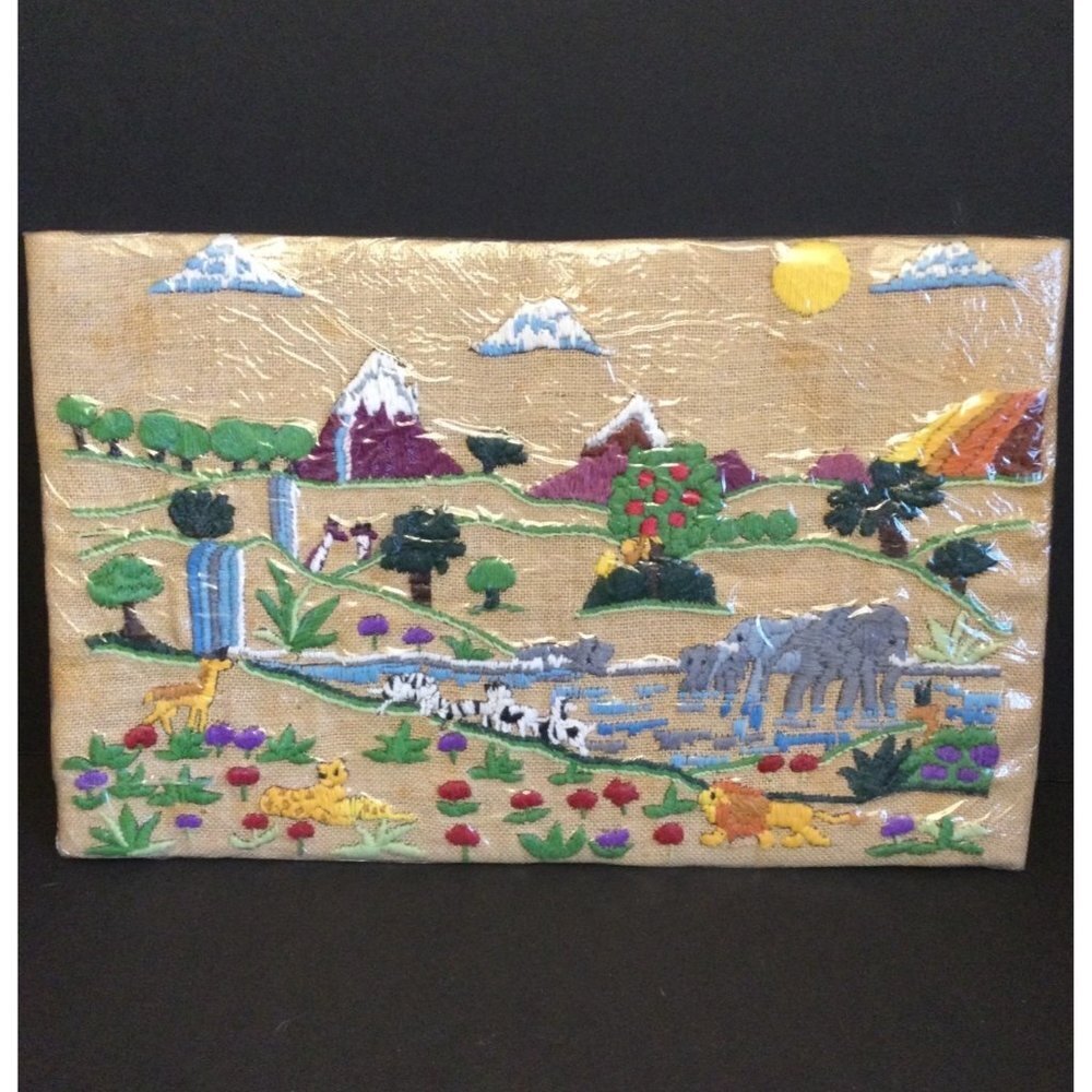 Vintage Needlepoint Crewel Embroidery Landscape Picture Tree Animals Mountain